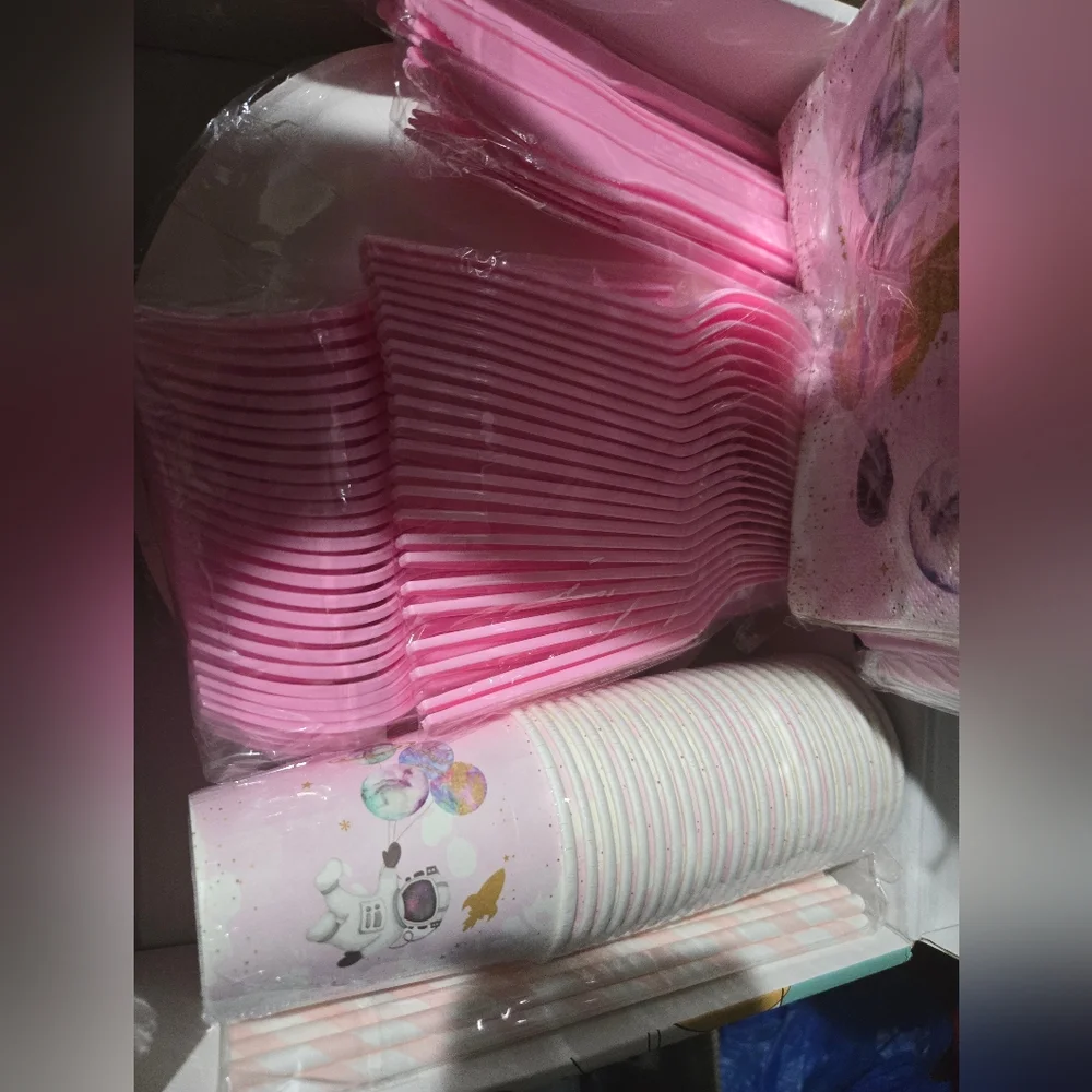 Pink Space Astronaut Party Napkins & Cups Set - Home Party Supplies